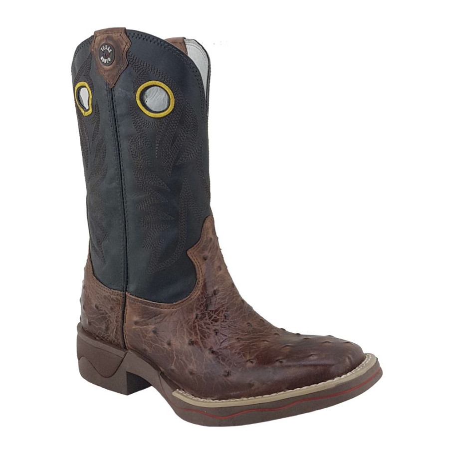 Bota Masculina Bico Quadrado Réplica De Avestruz Cor Almondega Com Preto Texas Rodeo 10354 2404